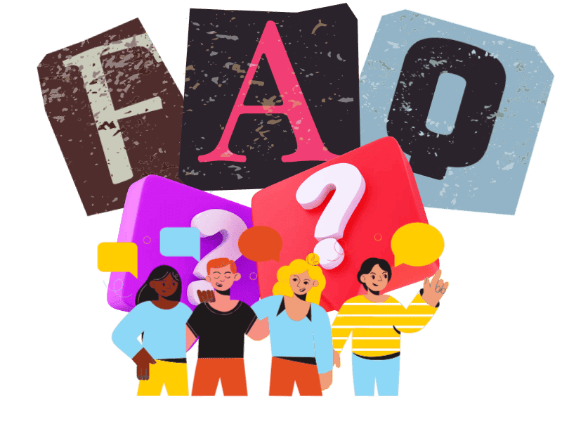 Affiche illustrée pour la section FAQ d'icos33.fr, affichant le mot « FAQ » avec des personnages stylisés qui discutent et posent des questions